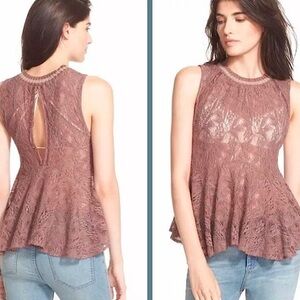 Free People Maisie Mauve Purple Lace Sheer Crochet Peplum Top Sleeveless Size XS